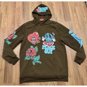 Riot Empire Peace Out Hoodie Mens XL Brown Y2K Heart Rose Graphic
